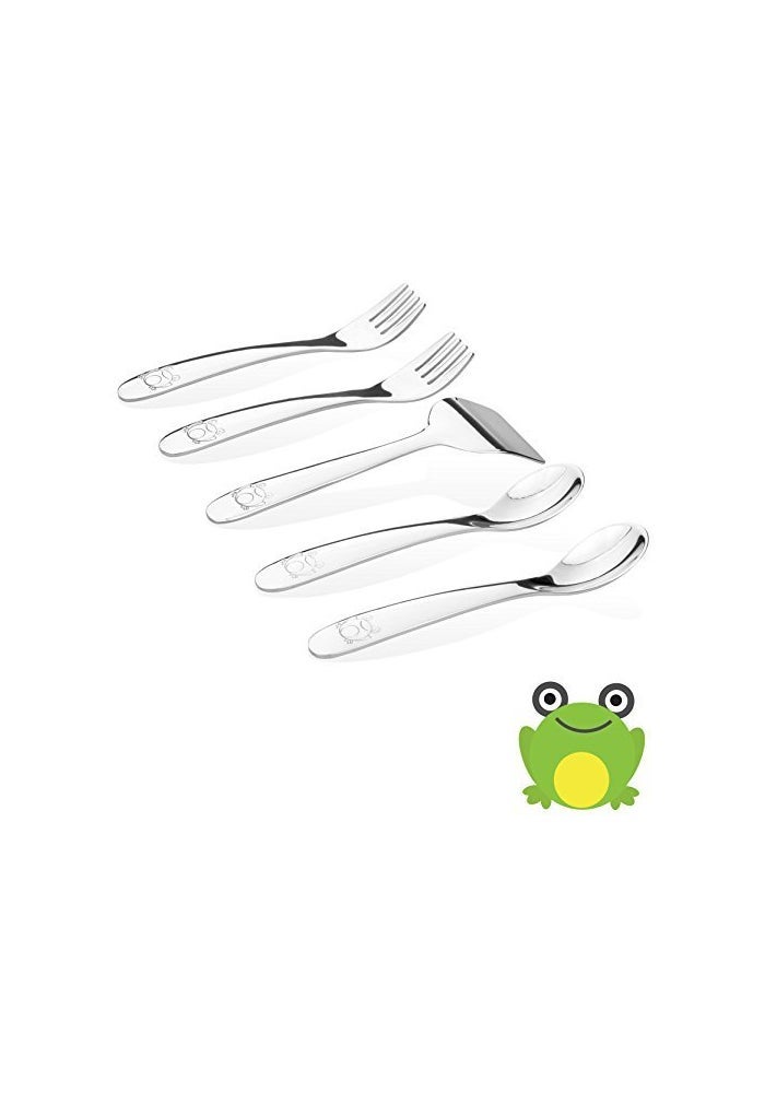 Kiddobloom Baby Utensil Set - 5-Piece Stainless Steel (304) Spoons, Forks & Food Pusher | Lead-Free, BPA-Free, No Sharp Edges | Self-Feeding, Baby-Led Weaning | Frog Model | CPSIA Compliant